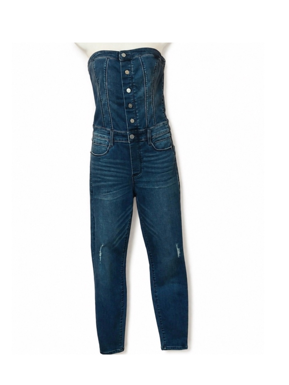 bebe Dark Blue Denim Strapless Jumpsuit